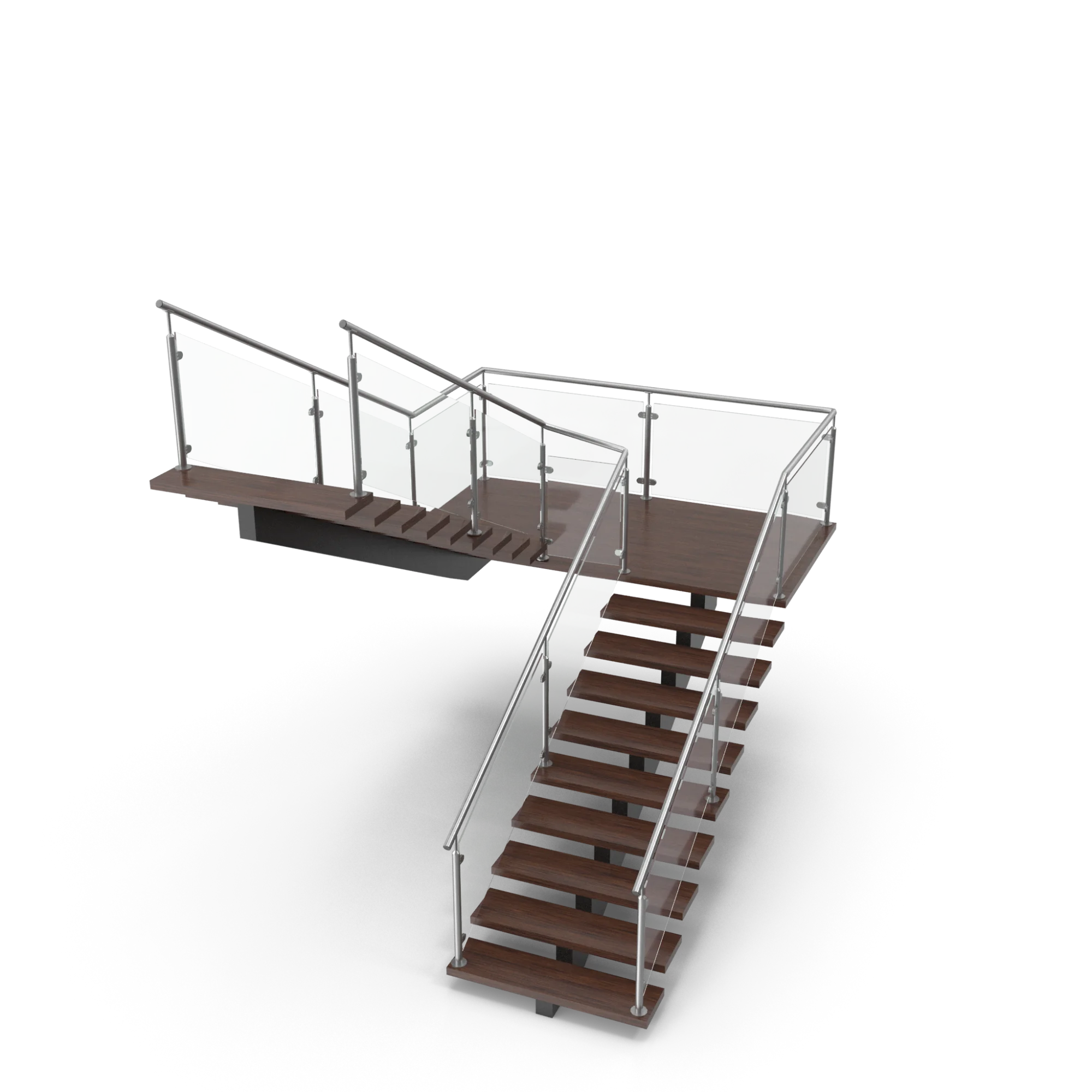 A stylish floating staircase with a single central metal stringer and wooden steps